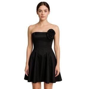 Vintage Made in USA Black Strapless Satin Rose Bustier Cocktail Dress Size 3